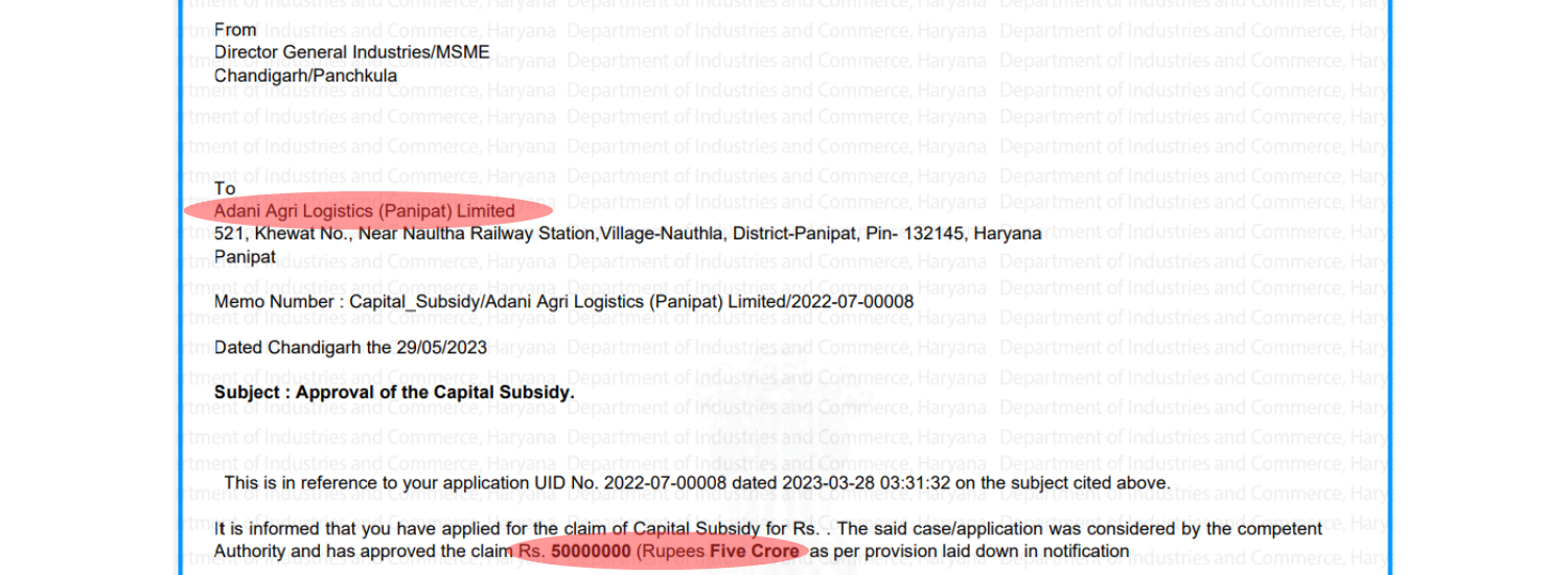 SANCTION LETTERS CAPITAL SUBSIDY